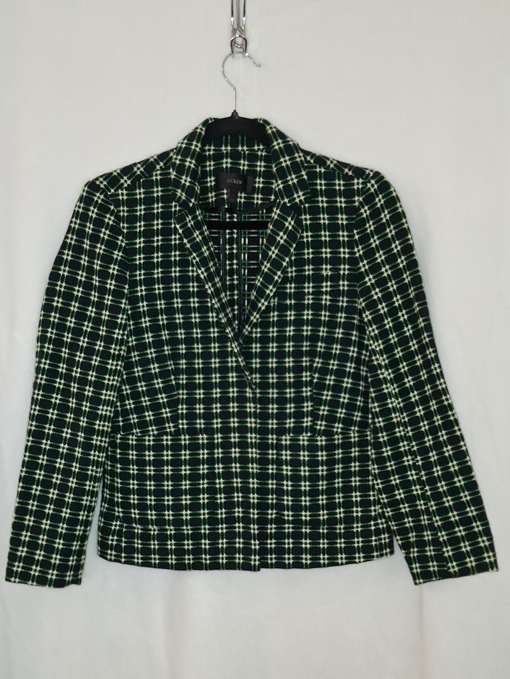J. Crew Black and Green Shrunken Blazer in Embroidered Plaid